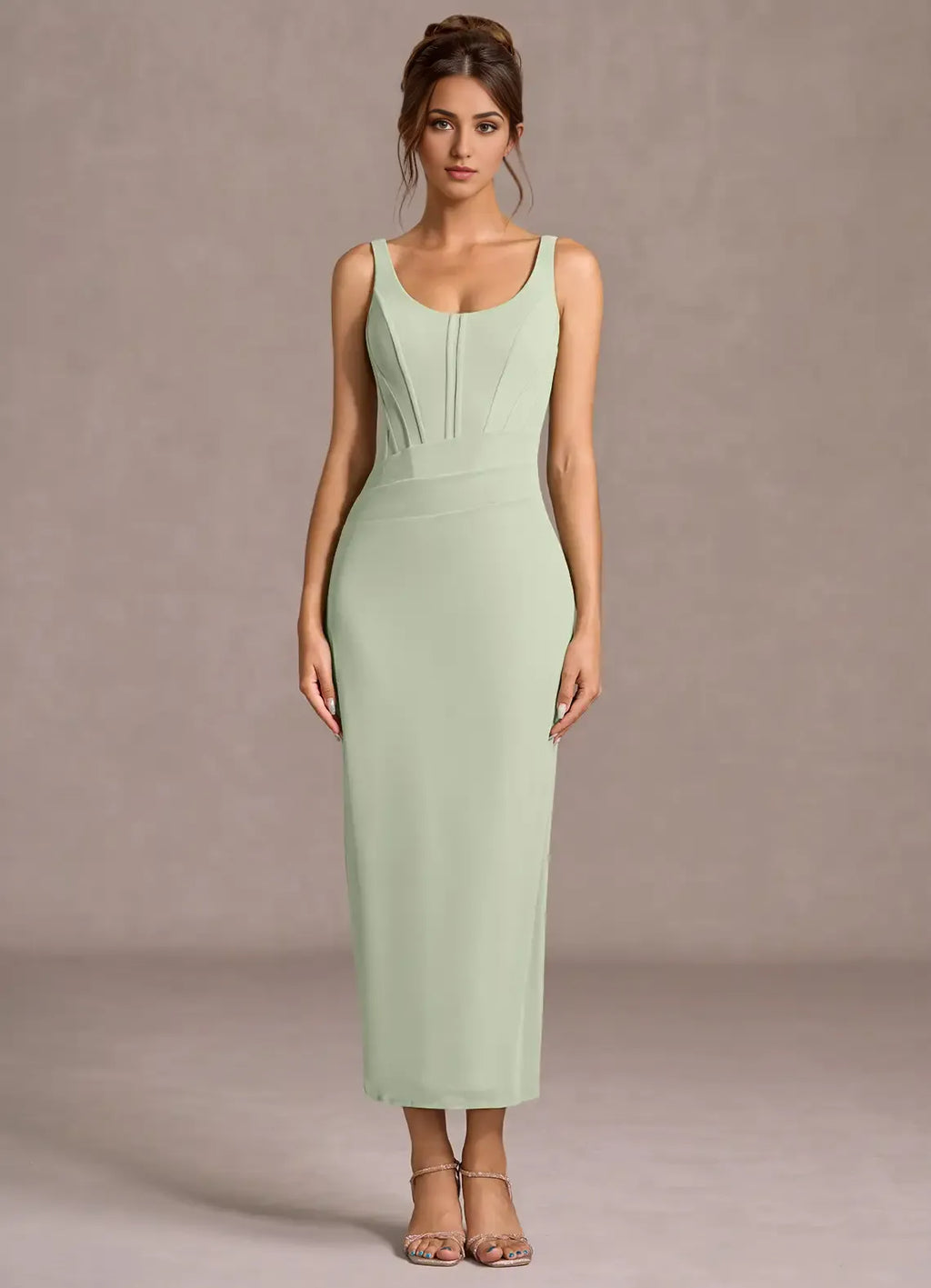 Soft Sheath Square Neck Sleeveless Lace Up Back Midi Length Hot sale Prom Dress
