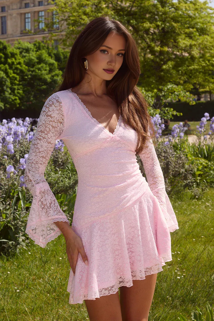Solid Color A-Line/Princess V Neck Long Sleeves Full Coverage Short-Mini Homecoming Dress