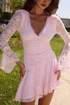 Solid Color A-Line/Princess V Neck Long Sleeves Full Coverage Short-Mini Homecoming Dress