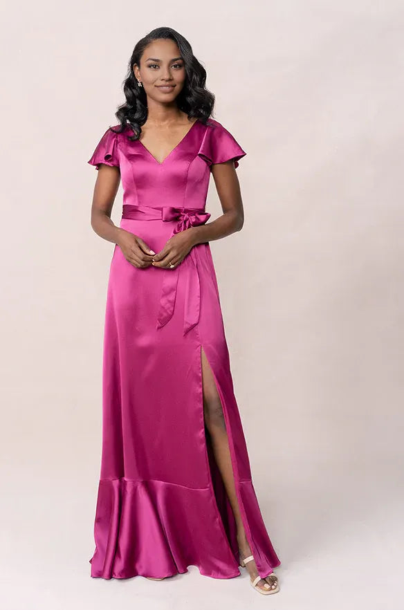 Solid Color A-Line V Neck Flutter Sleeve Floor-Length Prom Dress