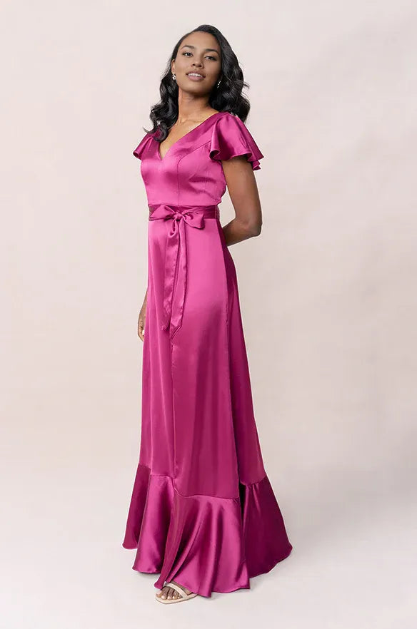 Solid Color A-Line V Neck Flutter Sleeve Floor-Length Prom Dress