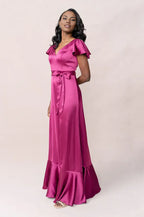 Solid Color A-Line V Neck Flutter Sleeve Floor-Length Prom Dress