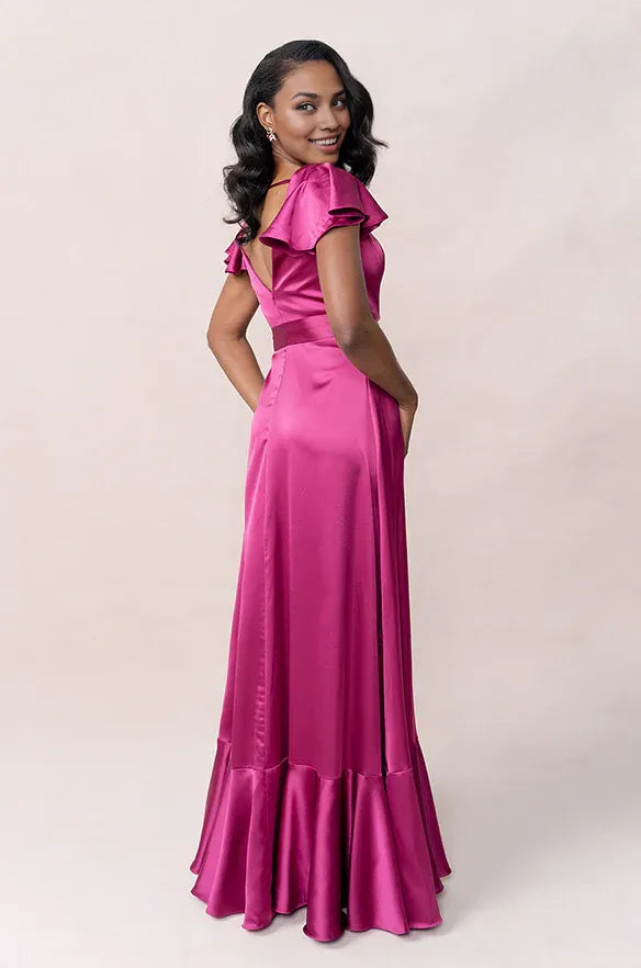 Solid Color A-Line V Neck Flutter Sleeve Floor-Length Prom Dress