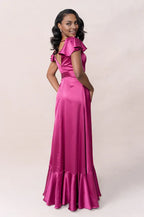 Solid Color A-Line V Neck Flutter Sleeve Floor-Length Prom Dress
