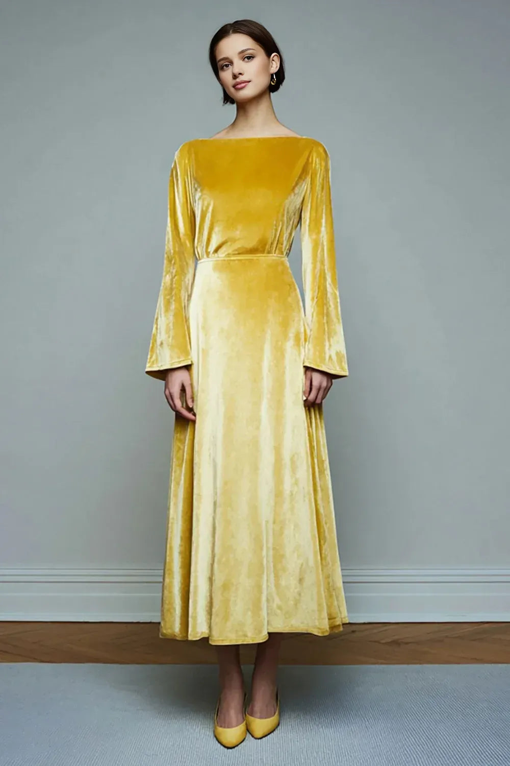 Solid Color A Line Jewel Neck Long Sleeve Ankle-Length Prom Dress