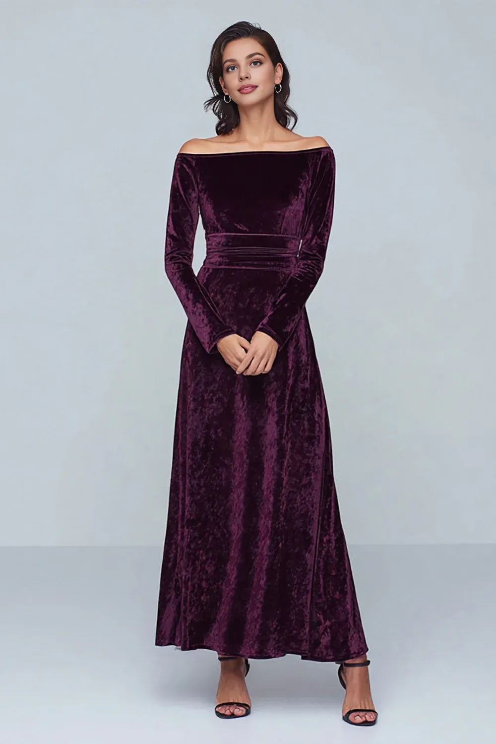 Solid Color A Line Off the Shoulder Long Sleeve Floor-Length Prom Dress