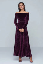 Solid Color A Line Off the Shoulder Long Sleeve Floor-Length Prom Dress