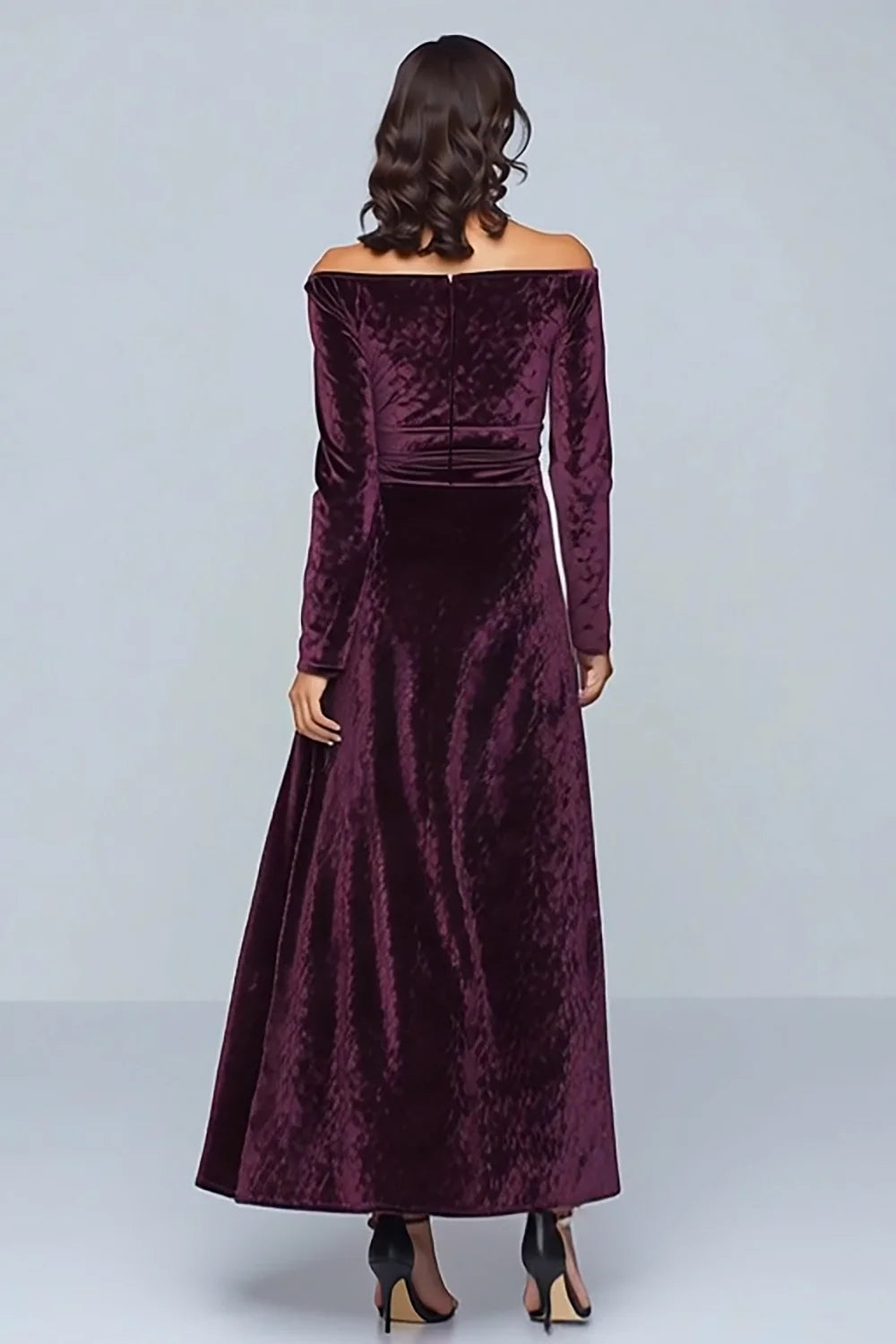 Solid Color A Line Off the Shoulder Long Sleeve Floor-Length Prom Dress
