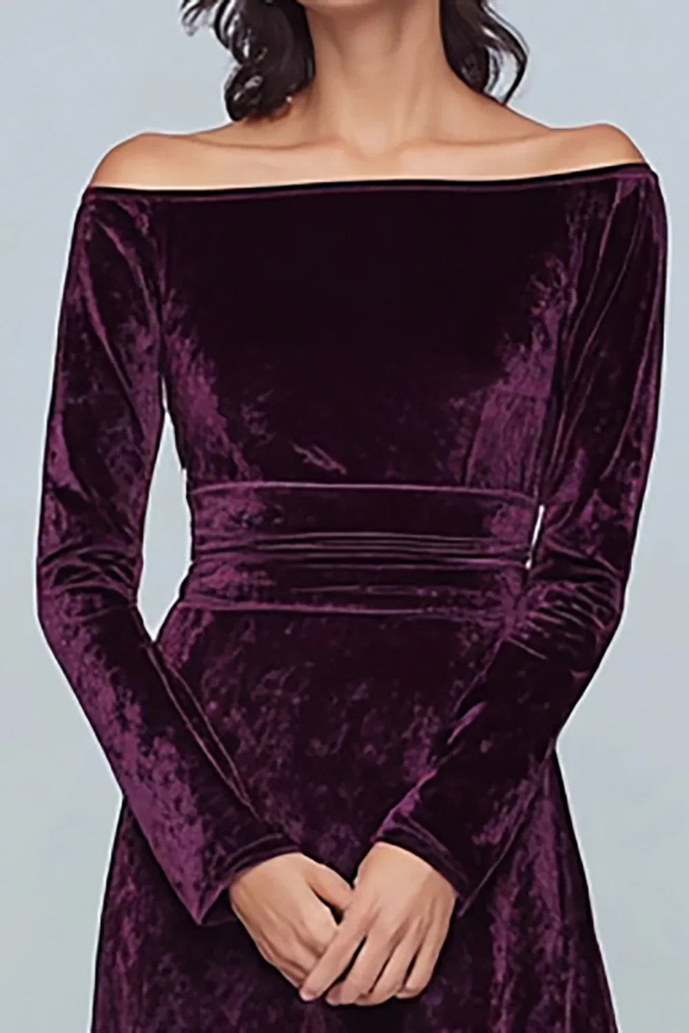 Solid Color A Line Off the Shoulder Long Sleeve Floor-Length Prom Dress