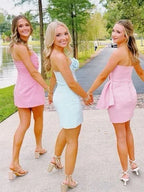Solid Color Sheath/Column Off The Shoulder Sleeveless Zipper Up Short-Mini Homecoming Dress