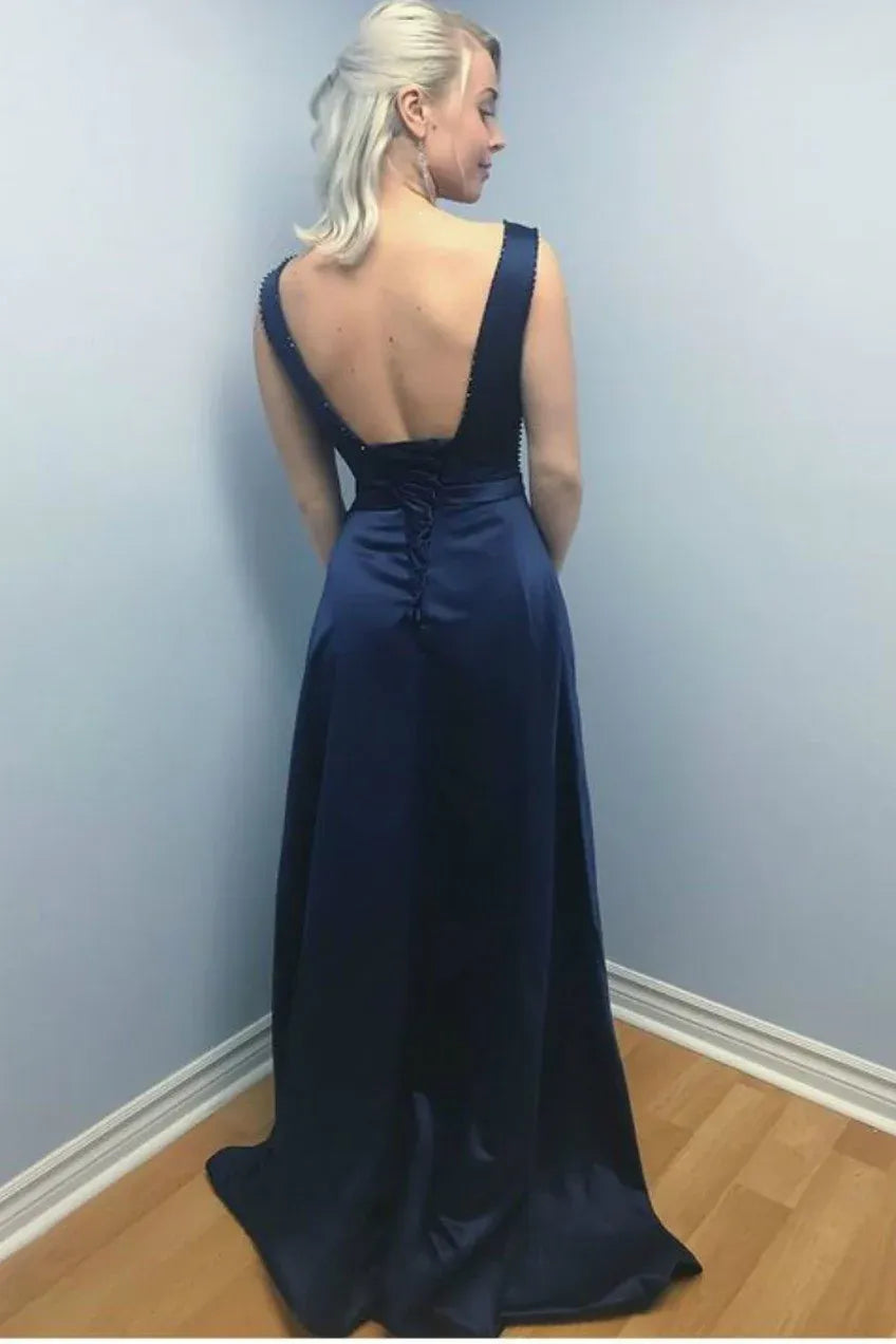 A-Line Round Neck Sleeveless Beaded Maxi Evening Dress