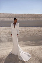 Sophisticated Mermaid Plunge Neck Long Sleeve Tie Back Long Length Wedding Dress