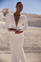 Sophisticated Mermaid Plunge Neck Long Sleeve Tie Back Long Length Wedding Dress