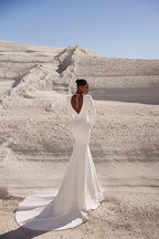 Sophisticated Mermaid Plunge Neck Long Sleeve Tie Back Long Length Wedding Dress
