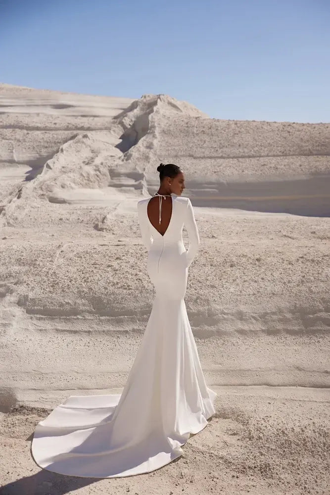 Sophisticated Mermaid Plunge Neck Long Sleeve Tie Back Long Length Wedding Dress