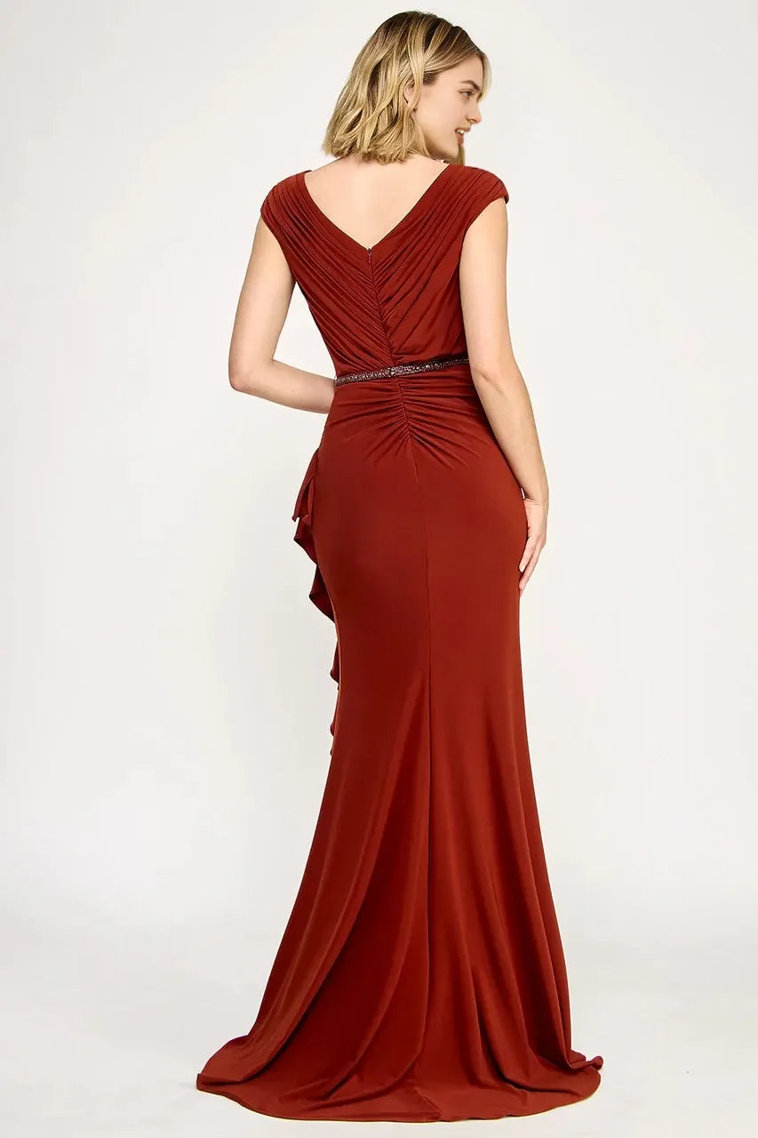Sophisticated Mermaid V Neck Cap Sleeve Closed Back Floor Length Prom Dress