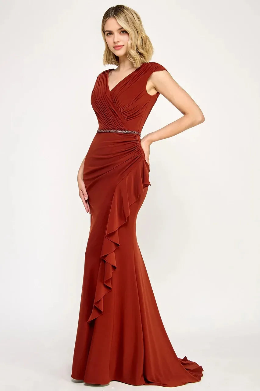 Sophisticated Mermaid V Neck Cap Sleeve Closed Back Floor Length Prom Dress