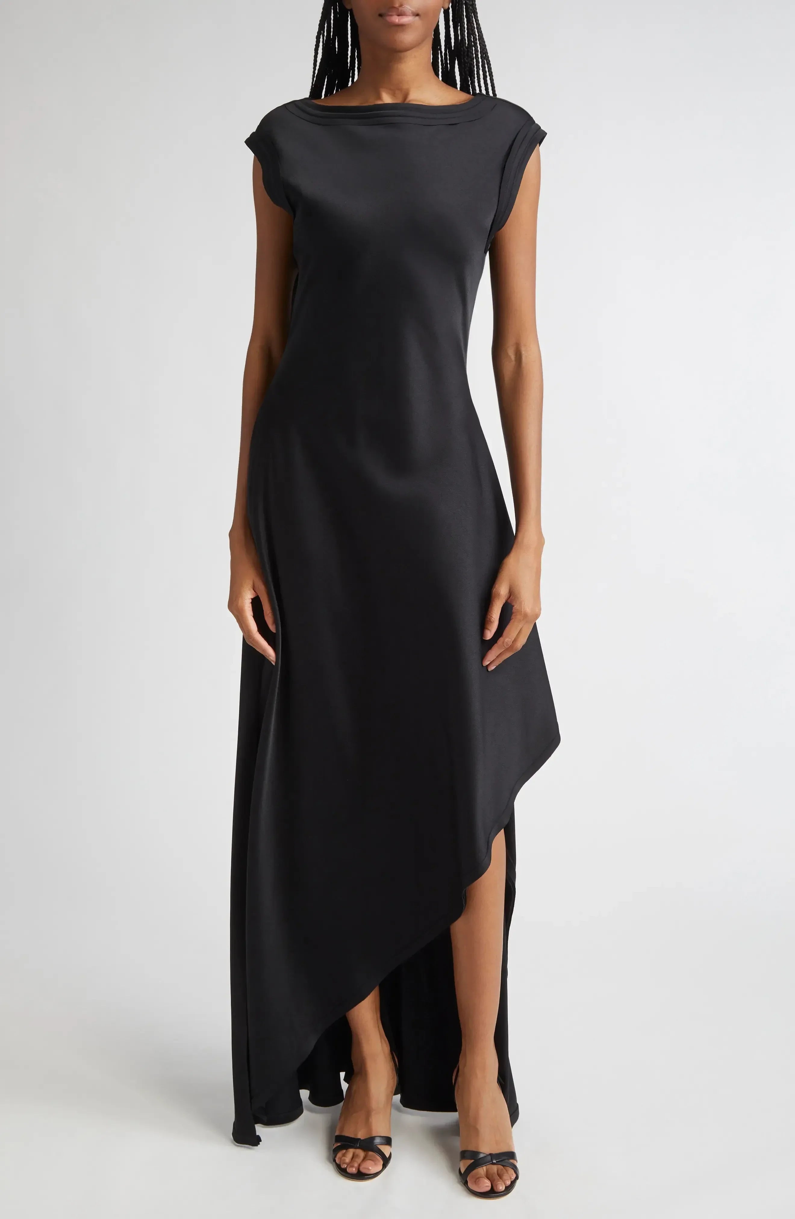 Sophisticated Sheath Boat Neck Cap Sleeve Zipper Back High Low Floor Length Evening Dress