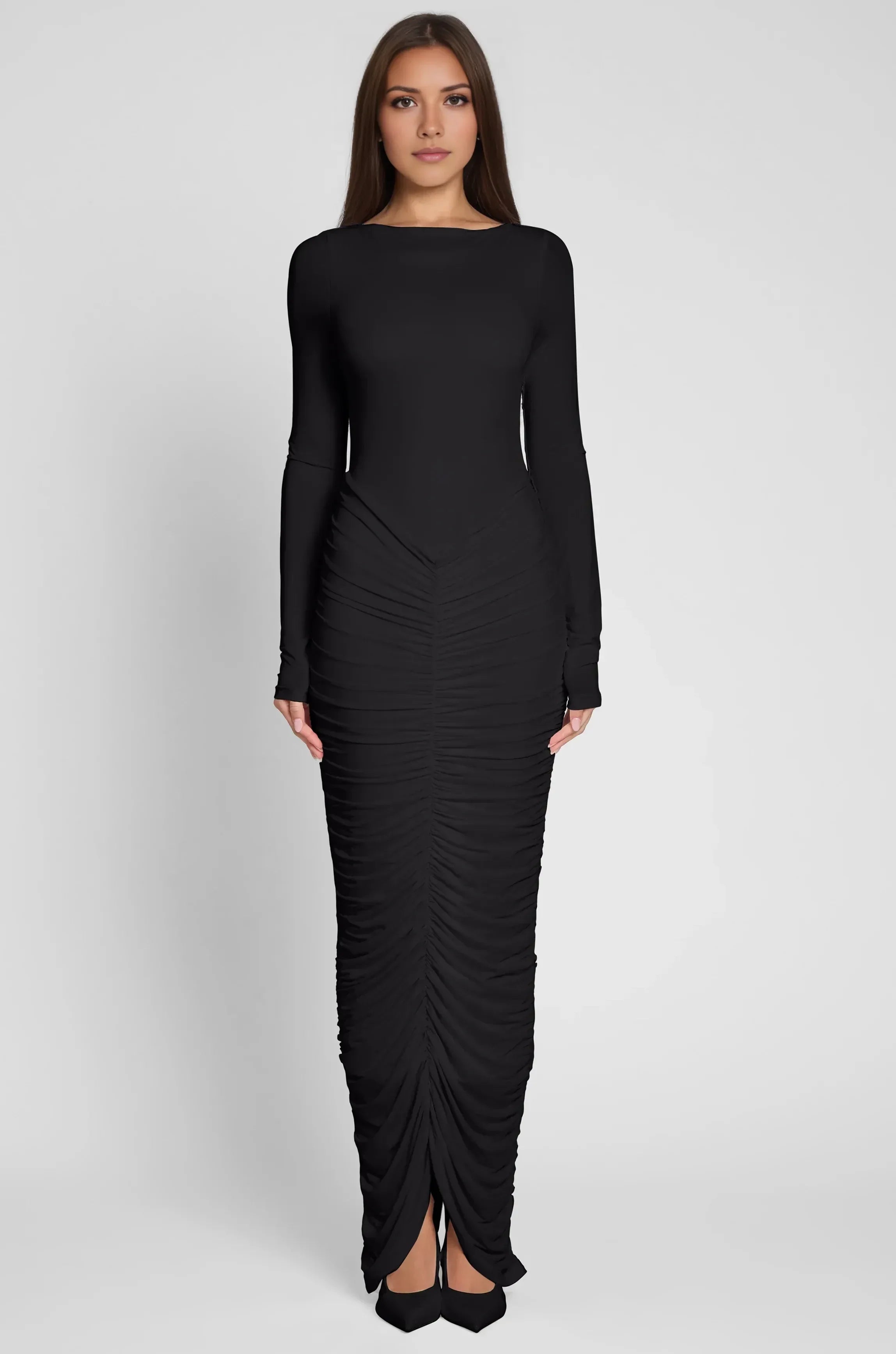 Sophisticated Sheath Boat Neck Long Sleeve Ruched Bodice Floor Length Prom Dress