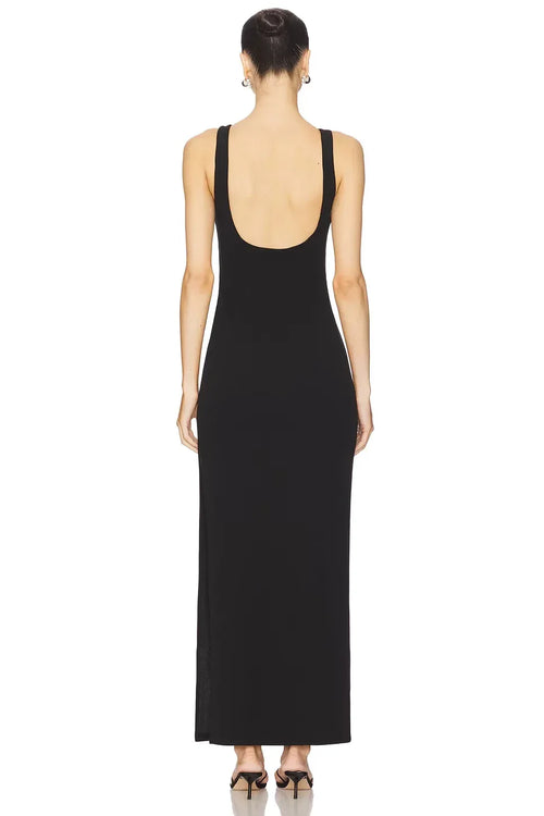 Robe de soirée fourreau sophistiquée, col bateau, sans manches, dos ouvert, longueur ras du sol