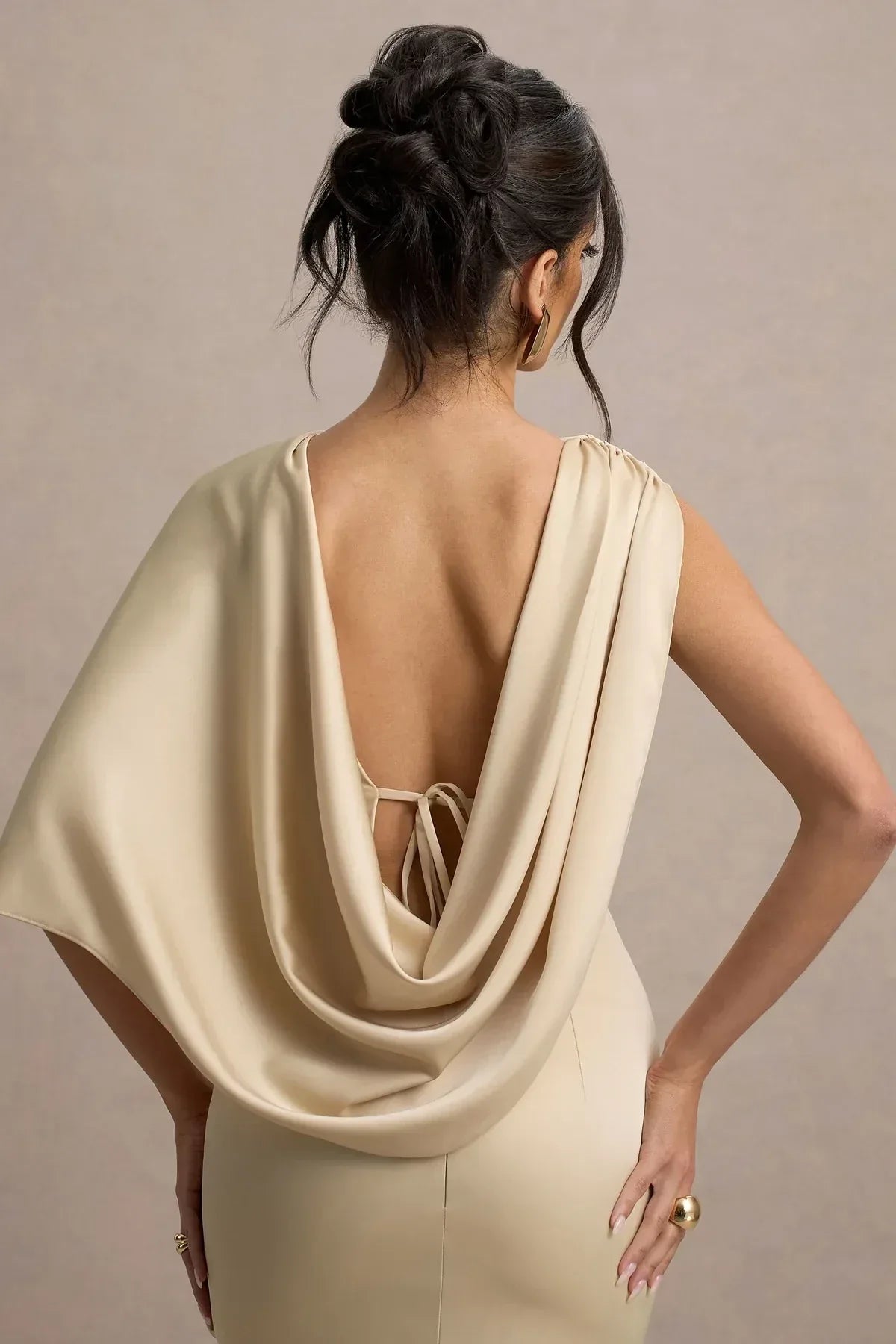 Sophisticated Sheath Cowl Neck Cape Sleeve Draped Back Floor Length Evening Dress