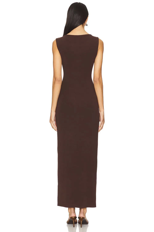 Robe longue de soirée fourreau sophistiquée, col rond, sans manches, dos uni