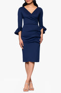 Sophisticated Sheath V Neck Ruffle Three Quarter Sleeve Solid Back Midi Evening Dress