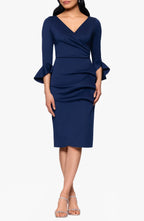 Sophisticated Sheath V Neck Ruffle Three Quarter Sleeve Solid Back Midi Evening Dress