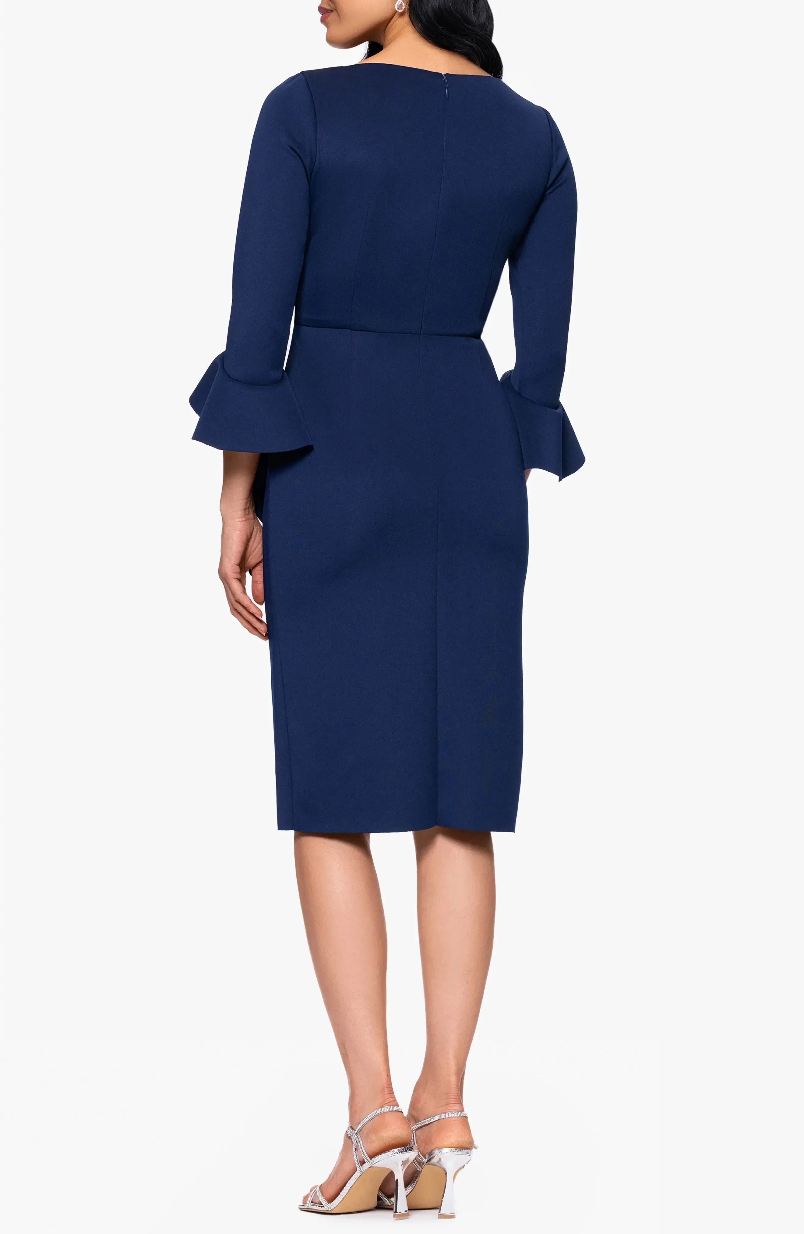 Sophisticated Sheath V Neck Ruffle Three Quarter Sleeve Solid Back Midi Evening Dress