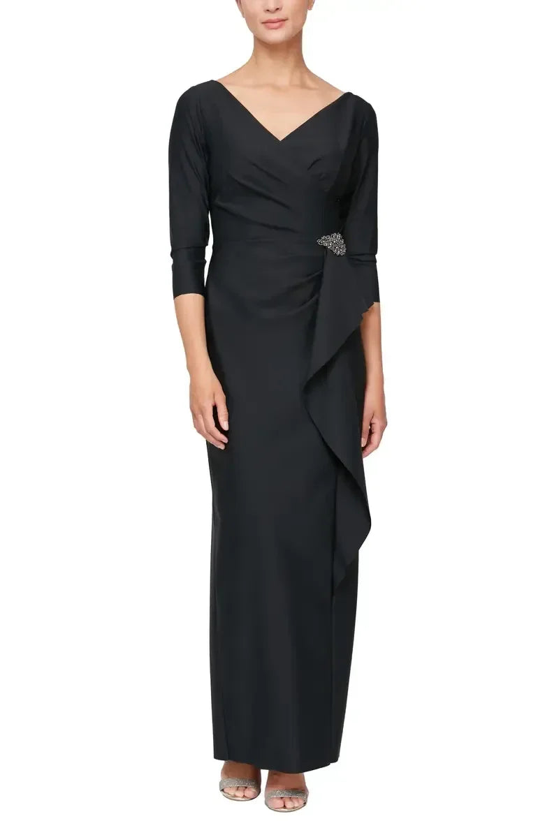 Sophisticated Sheath V Neck Three Quarter Sleeve Zipper Back Floor Length Evening Dress