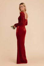 Sophisticated Burnt Orange Velvet Square Neck Long-Sleeve Maxi Bridesmaid Dress with Ruched Waist & High Side Slit