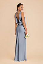 Sophisticated Dusty Blue Satin Cowl-Neck Maxi Bridesmaid Dress with Open Back