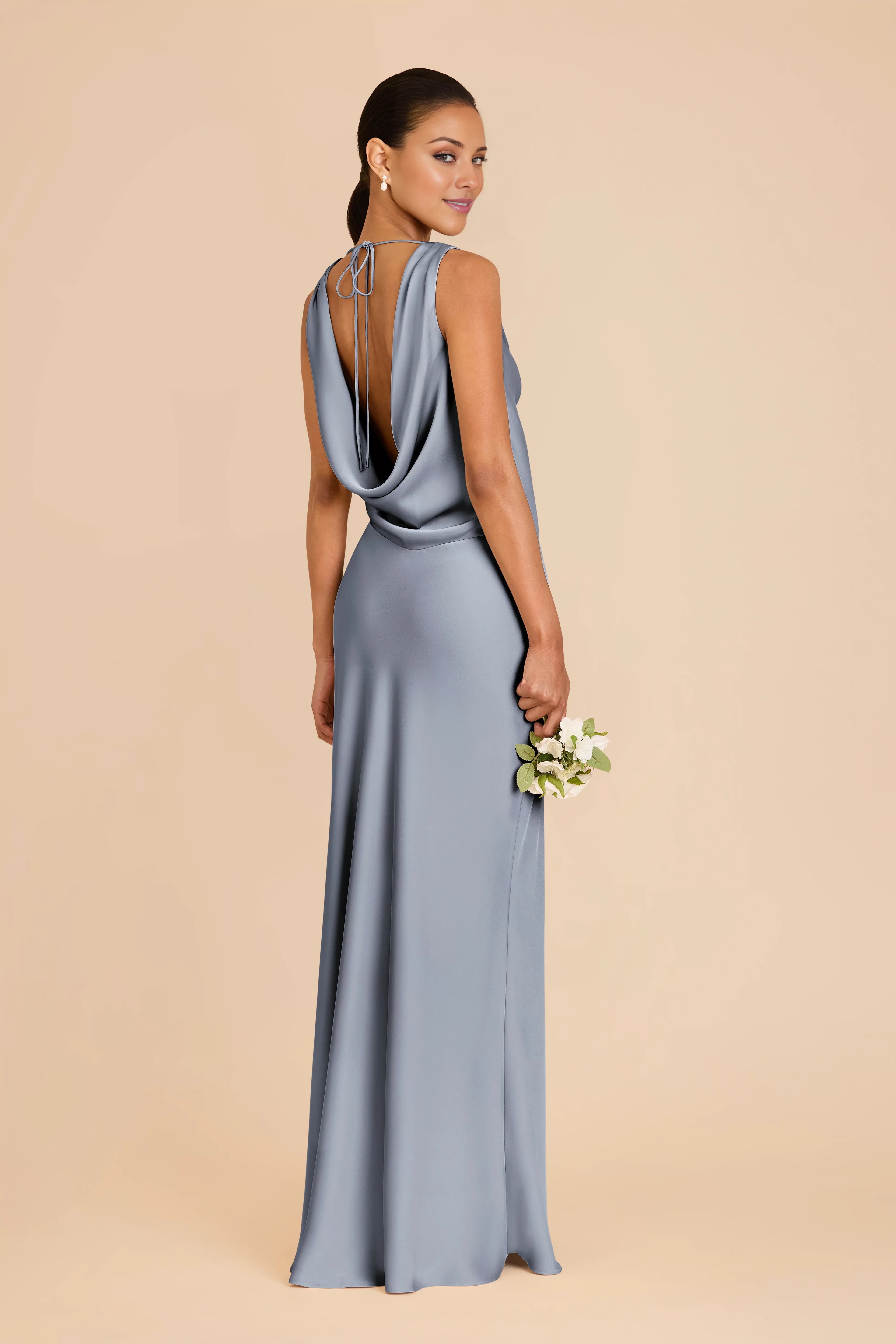 Sophisticated Dusty Blue Satin Cowl-Neck Maxi Bridesmaid Dress with Open Back