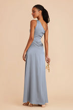 Sophisticated Dusty Blue Satin One-Shoulder Maxi Bridesmaid Dress with High Side Slit