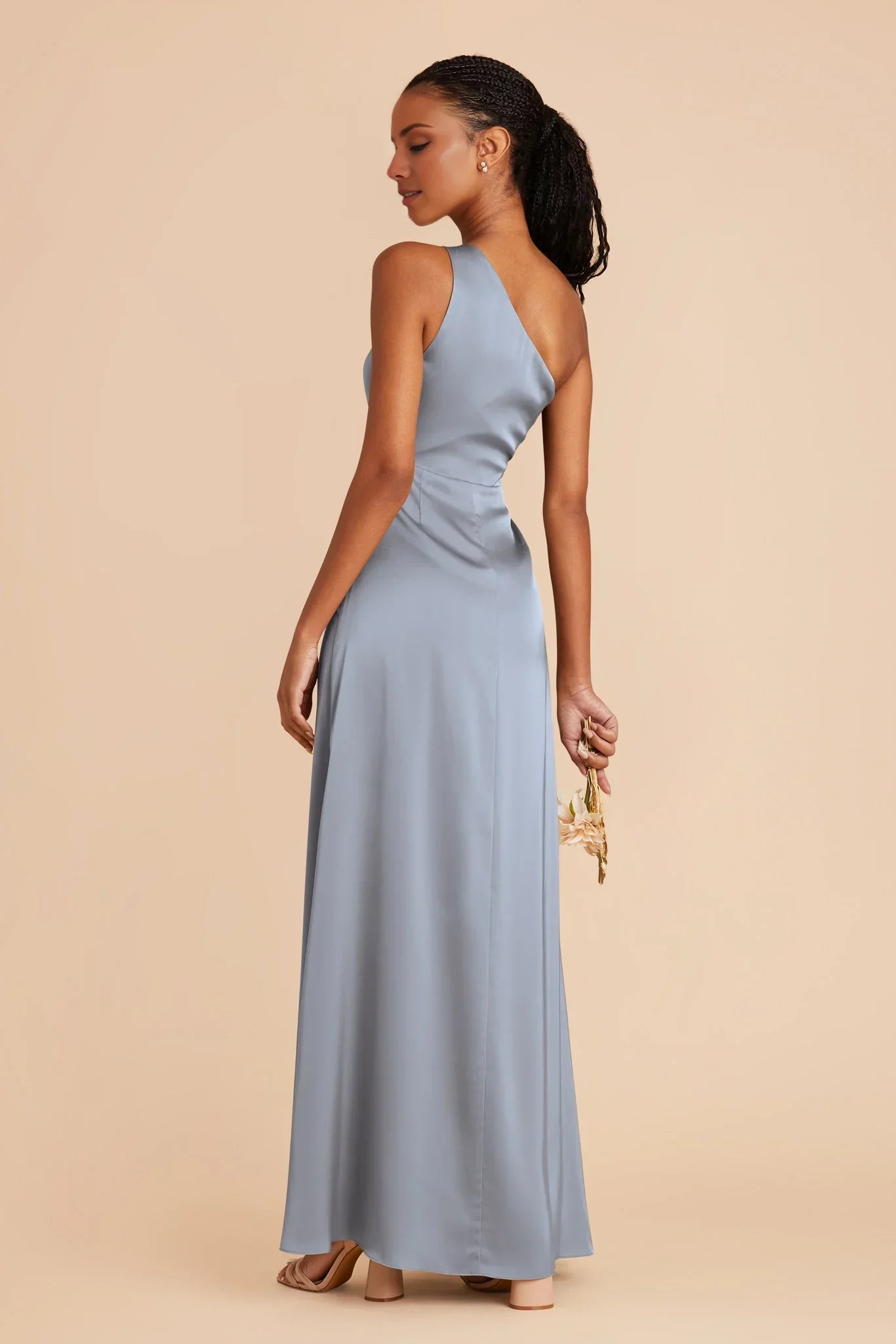 Sophisticated Dusty Blue Satin One-Shoulder Maxi Bridesmaid Dress with High Side Slit
