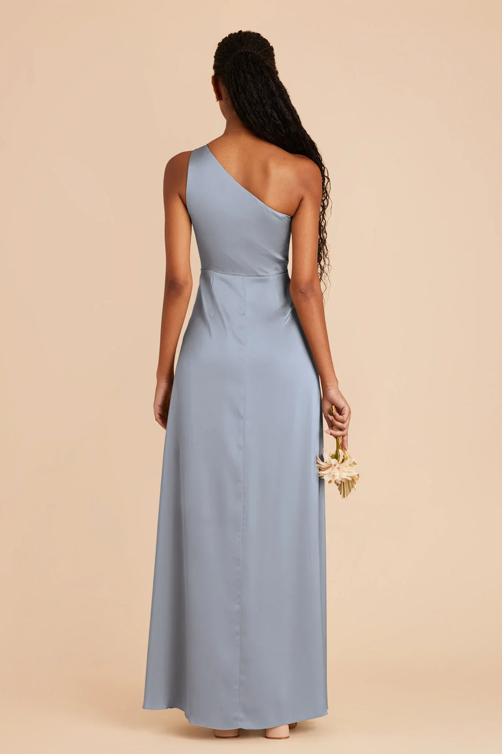 Sophisticated Dusty Blue Satin One-Shoulder Maxi Bridesmaid Dress with High Side Slit