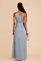 Sophisticated Dusty Blue Satin One-Shoulder Maxi Bridesmaid Dress with High Side Slit