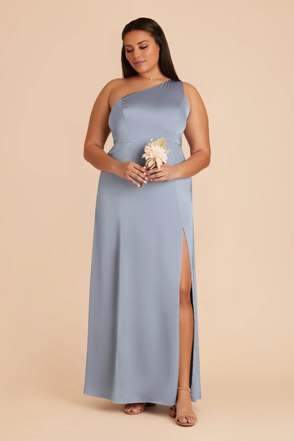 Sophisticated Dusty Blue Satin One-Shoulder Maxi Bridesmaid Dress with High Side Slit