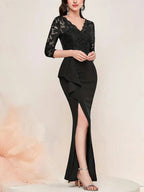 Sophisticated Mermaid V-Neck 3/4 Sleeve Lace Black Long Evening Dress For Women Ready To Ship
