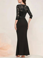 Sophisticated Mermaid V-Neck 3/4 Sleeve Lace Black Long Evening Dress For Women Ready To Ship