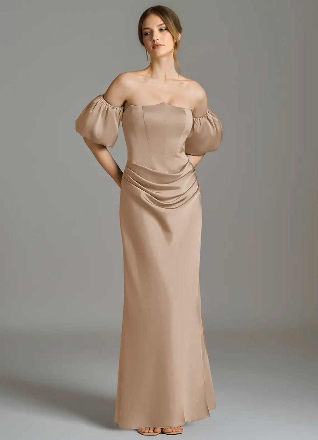 Sophisticated Satin Bridesmaid Dresses with Off-the-Shoulder Neckline, Puff Sleeves and Ruched Waist Formal Gown