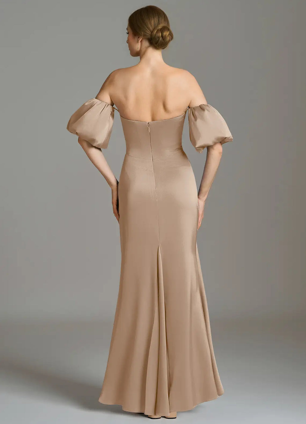 Sophisticated Satin Bridesmaid Dresses with Off-the-Shoulder Neckline, Puff Sleeves and Ruched Waist Formal Gown