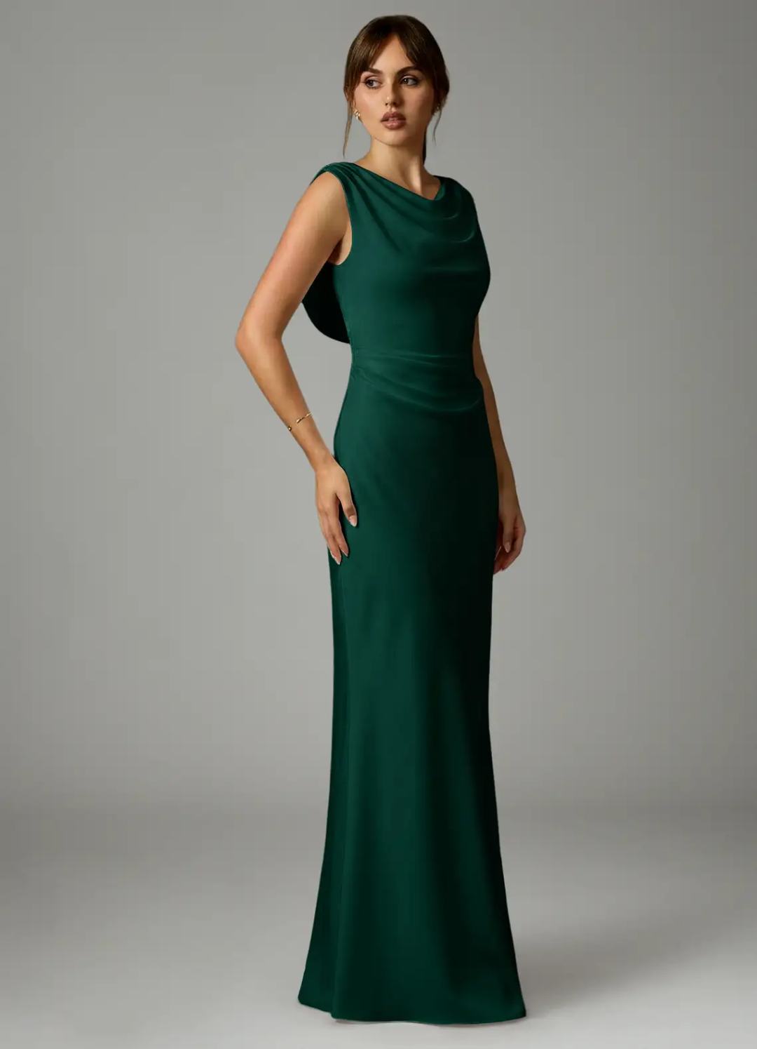 Sophisticated Satin Cowl Neck Ruched Waist Open Back Floor-Length Bridesmaid Dress