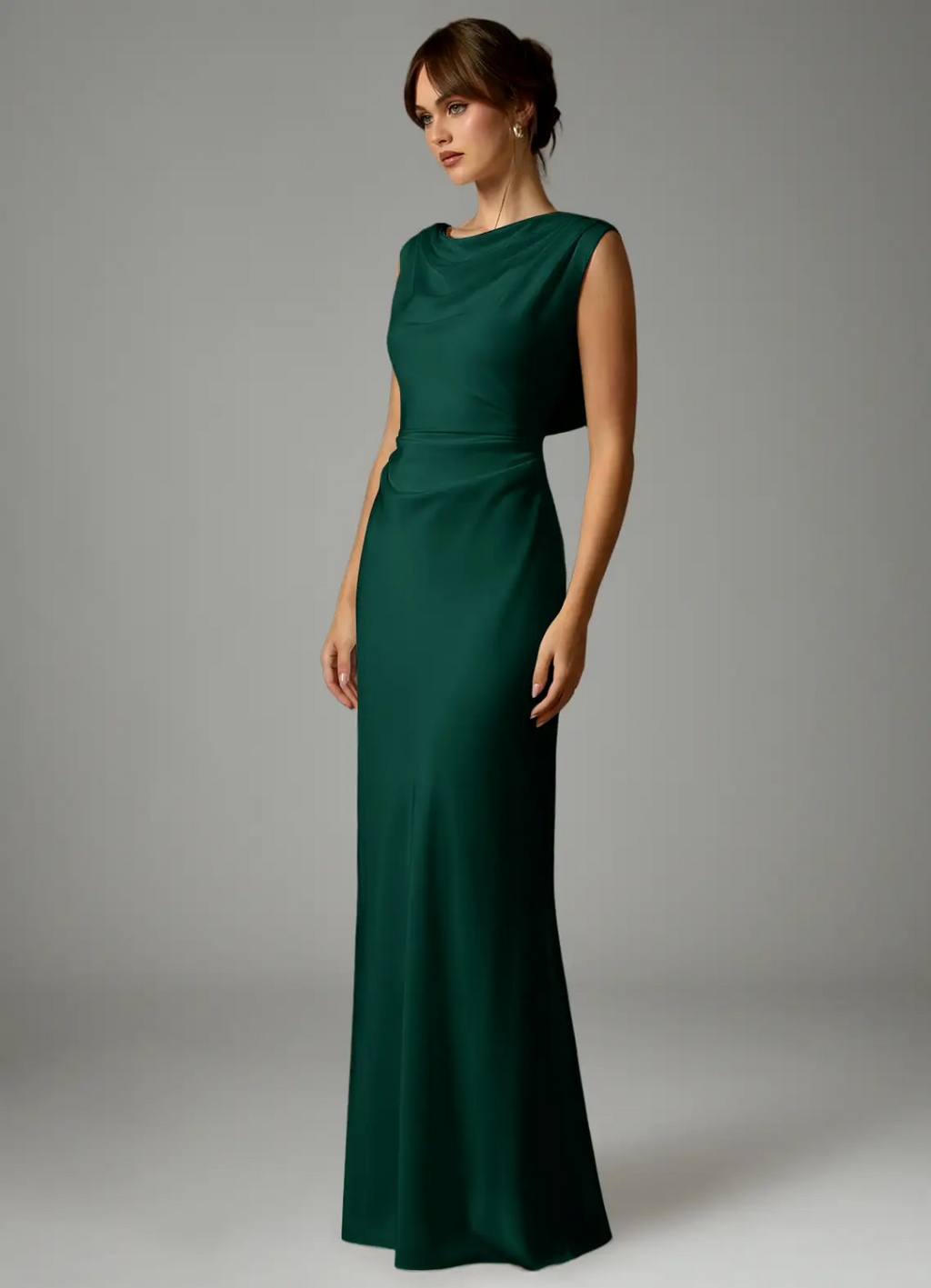 Sophisticated Satin Cowl Neck Ruched Waist Open Back Floor-Length Bridesmaid Dress