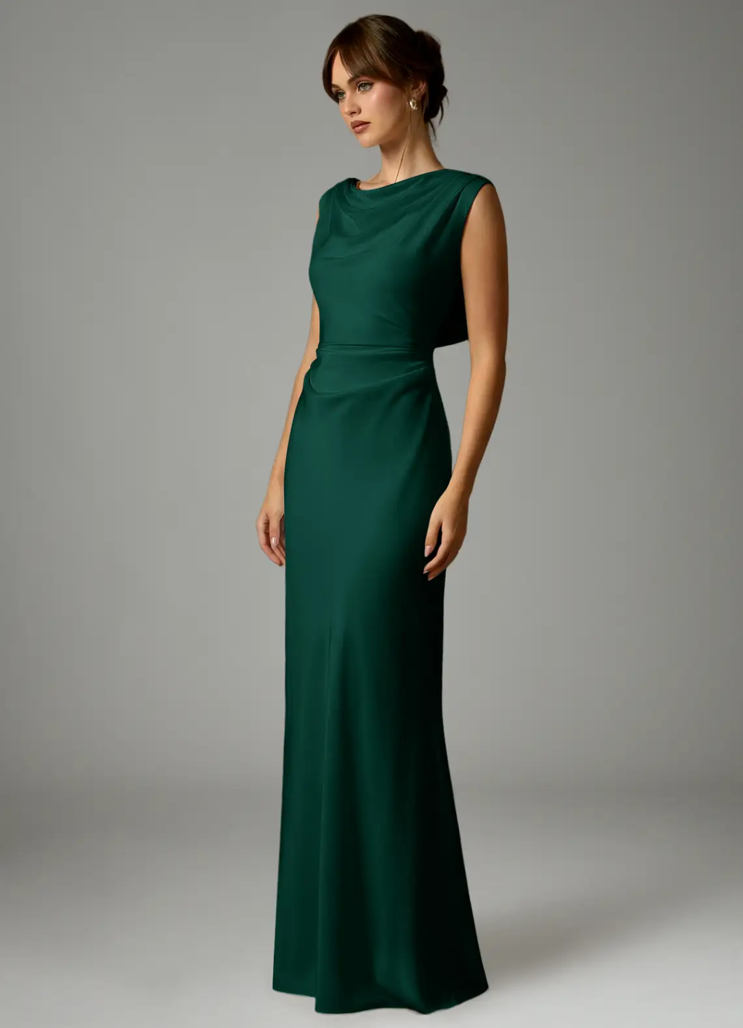 Sophisticated Satin Cowl Neck Ruched Waist Open Back Floor-Length Bridesmaid Dress