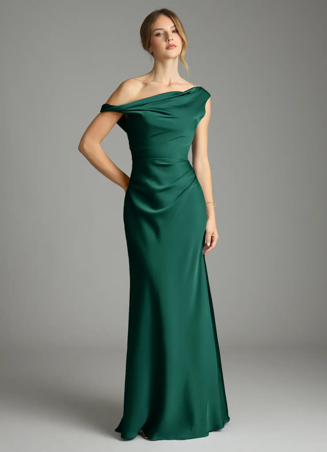 Sophisticated Satin One-Shoulder Draped Back Ruched Waist High Slit Floor-Length Bridesmaid Dress
