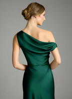 Sophisticated Satin One-Shoulder Draped Back Ruched Waist High Slit Floor-Length Bridesmaid Dress