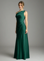 Sophisticated Satin One-Shoulder Draped Back Ruched Waist High Slit Floor-Length Bridesmaid Dress