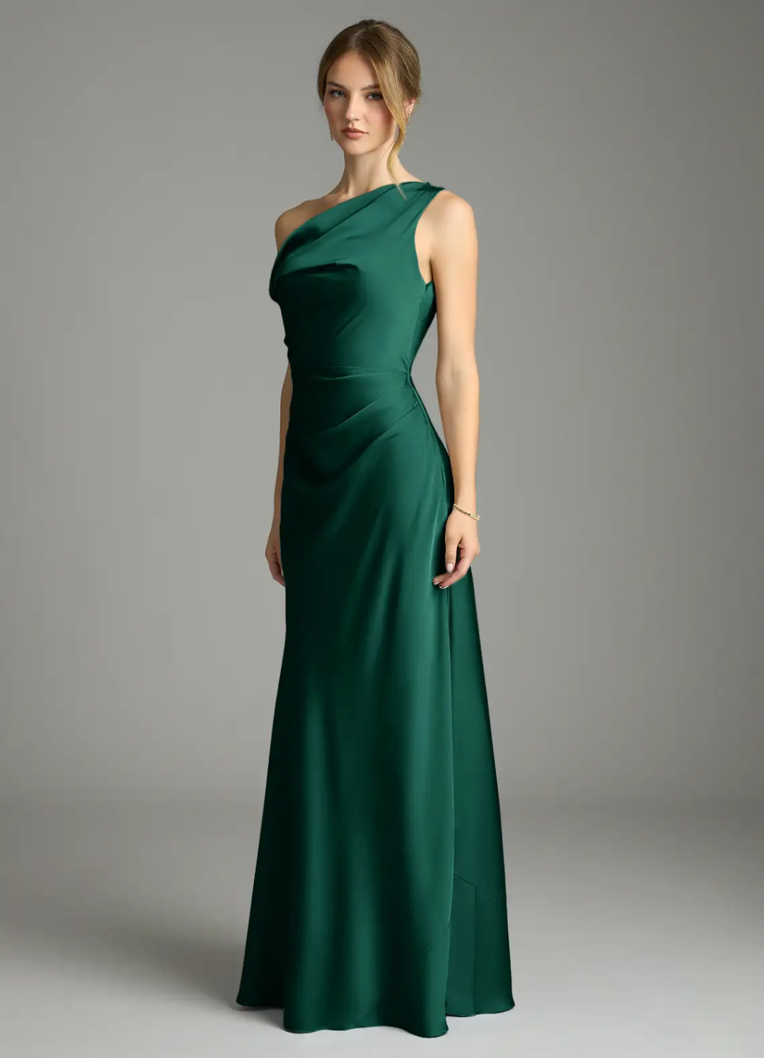 Sophisticated Satin One-Shoulder Draped Back Ruched Waist High Slit Floor-Length Bridesmaid Dress