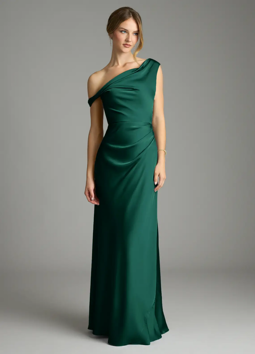 Sophisticated Satin One-Shoulder Draped Back Ruched Waist High Slit Floor-Length Bridesmaid Dress